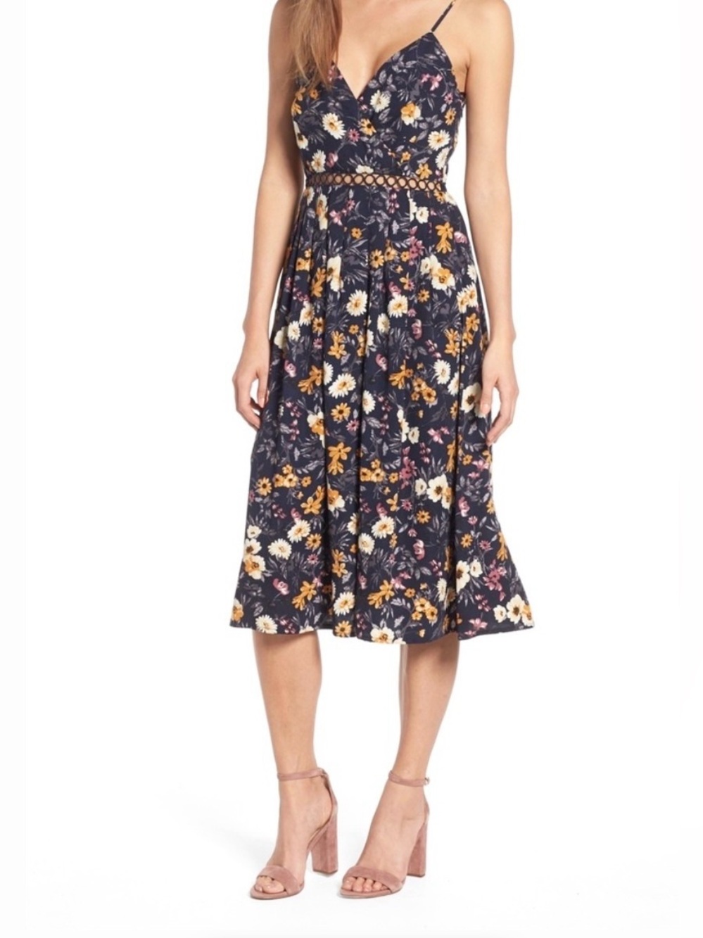 J.O.A. Dark Navy Floral Midi Skirt with Yellow & White Blooms